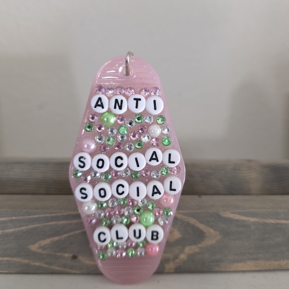 Pink Rhinestone Anti Social Social Club Motel Keychain